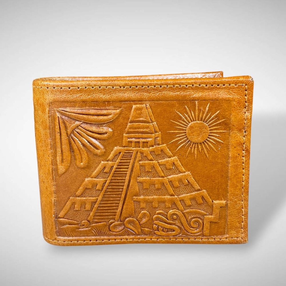 Tooled Leather Men's Wallet Mexico Souvenir Aztec Mayan Folk Art 1970s‎